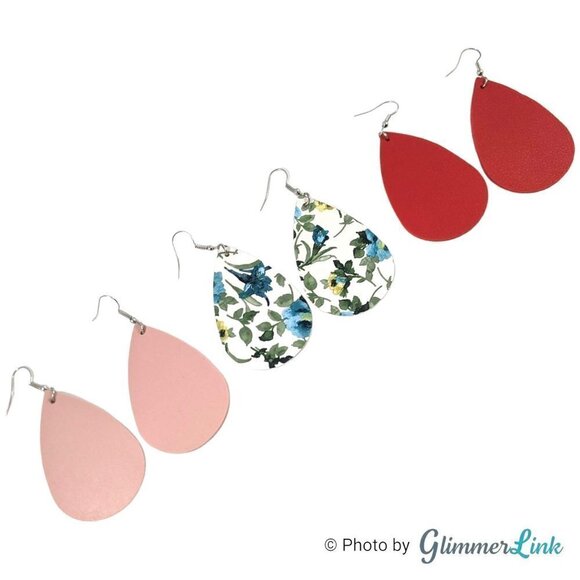 Faux Leather Teardrop Shaped Dangle Earrings Pink, Red and Floral Blue Set of 3 - Picture 6 of 9